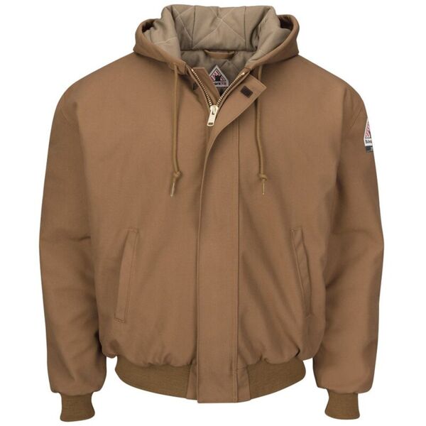 Insulated Brown Duck Hooded Jacket with Knit Trim - Long Sizes Thumbnail